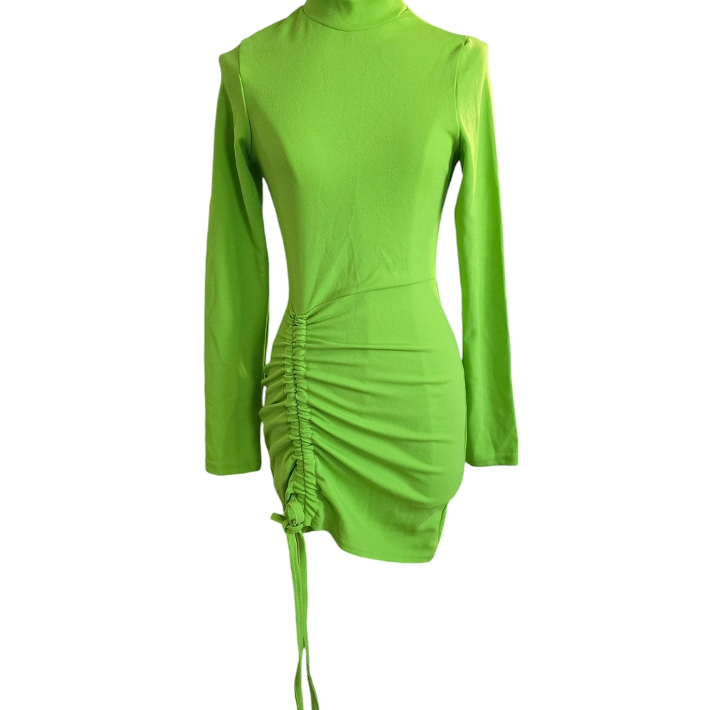 Vibrant Green Ruched Long Sleeve Dress